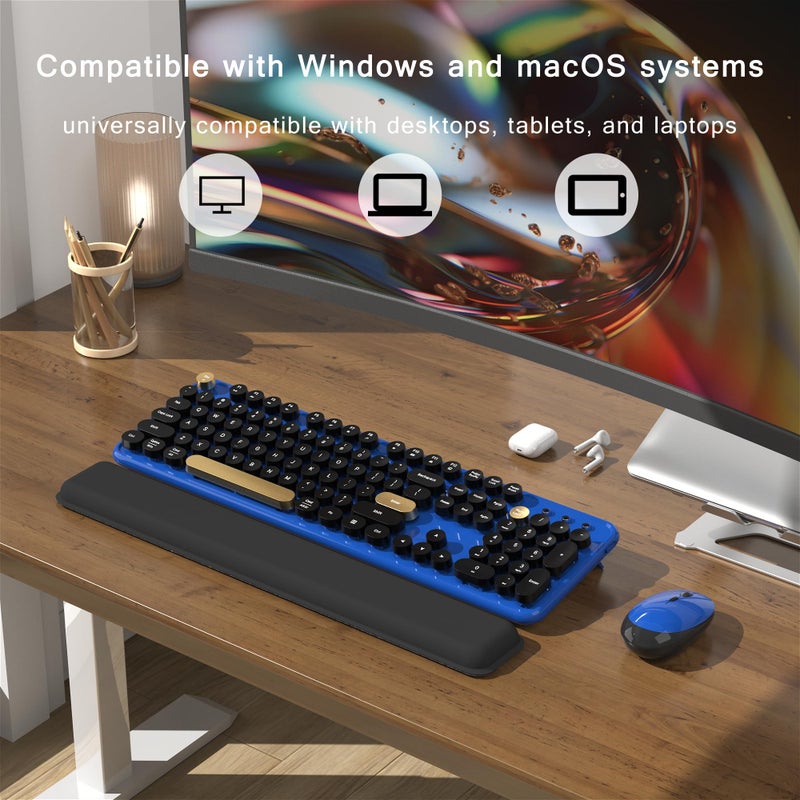 MPTOG Colorful Wireless Computer Keyboard and Mouse Combo with Round Typewriter Keycaps, Retro Design, Power Switch, Ergonomic Design, 2.4GHz Wireless for Windows, Mac, PC(Black-Blue) - Image 3