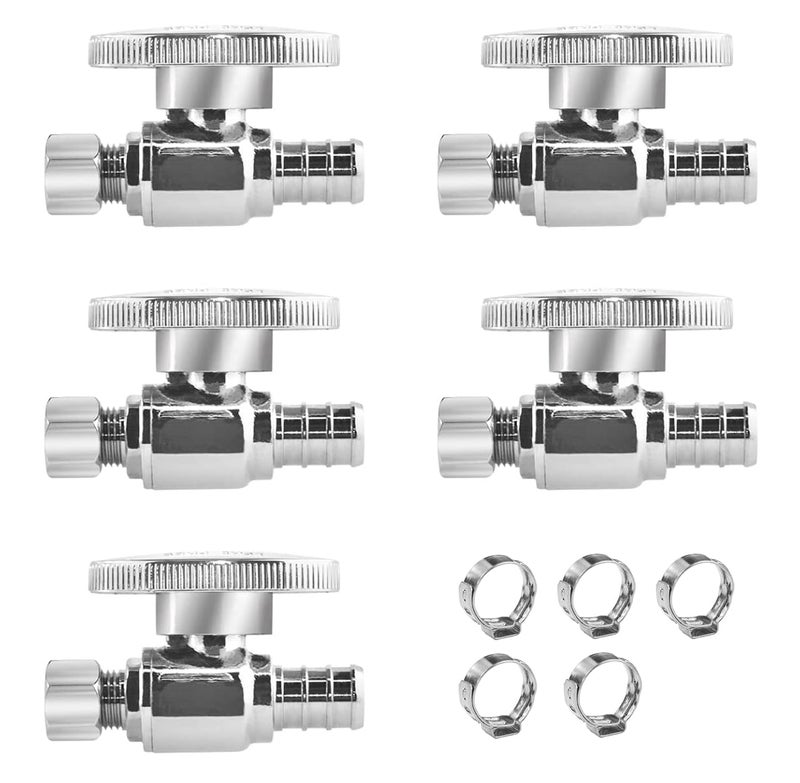 WiseWater Straight Stop Valve 12 PEX x 14 Compression 14 Turn with 5 Stainless Steel Clamps for Easy Installation Heavy Duty Chrome Brass PEX Shut Off Valve for Sink Toilet 5Pack - Image 2