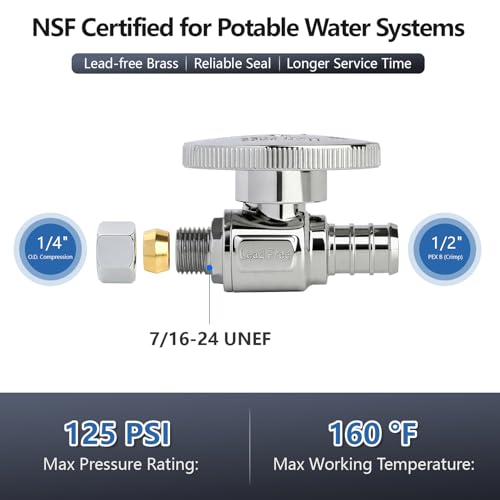 WiseWater Straight Stop Valve 12 PEX x 14 Compression 14 Turn with 5 Stainless Steel Clamps for Easy Installation Heavy Duty Chrome Brass PEX Shut Off Valve for Sink Toilet 5Pack - Image 3