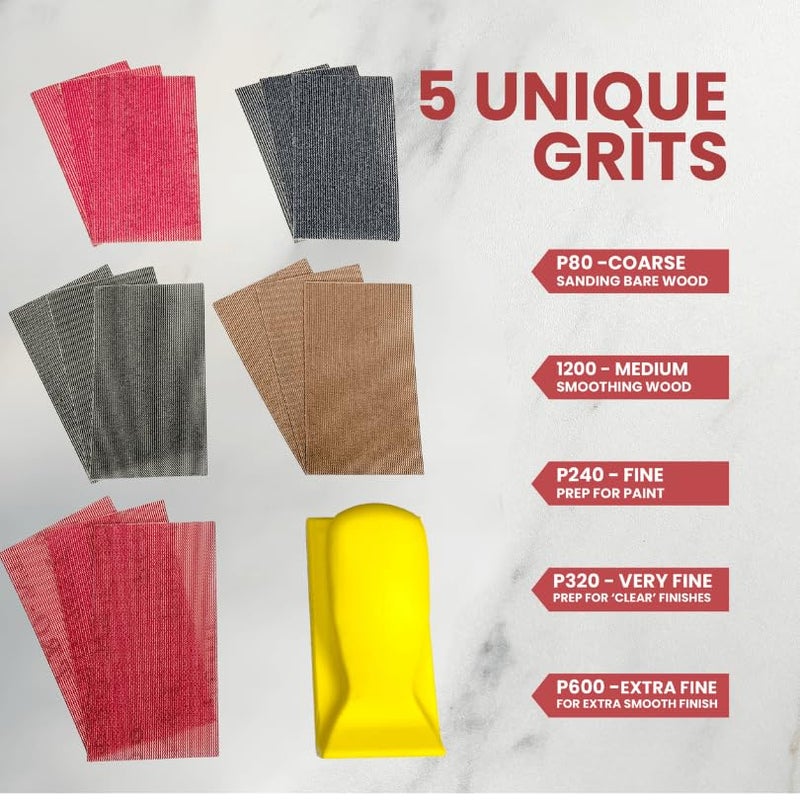 SCORCH MARKER - 16 pc Hand Sanding Kit, Sander Block, with Durable Mesh & Soft Handle, Includes 3 Sheets Each of 80, 120, 240, 320 and 600 Grit Sandpaper. Fully Reusable & Washable for Crafts & DIY - Image 3