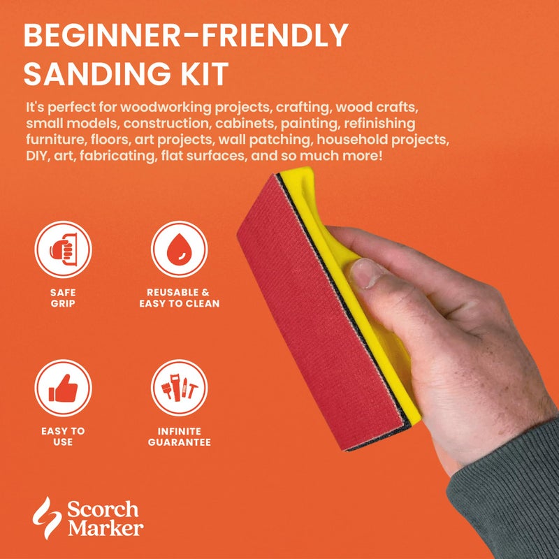 SCORCH MARKER - 16 pc Hand Sanding Kit, Sander Block, with Durable Mesh & Soft Handle, Includes 3 Sheets Each of 80, 120, 240, 320 and 600 Grit Sandpaper. Fully Reusable & Washable for Crafts & DIY - Image 4