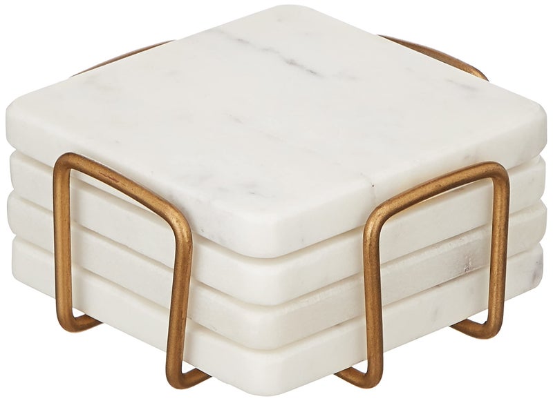Queenza White Marble Coaster Set with Holder 4 Inch Square Modern Coasters for Coffee Table  Coasters with Padded Bottom
