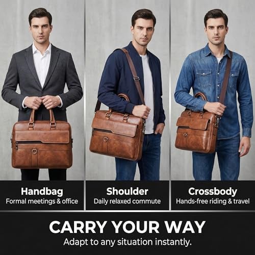 JINGTIANCD Men's Faux Leather Laptop Bag 15.7 Inch, Water-Resistant Briefcase Messenger Bag for Work, Business, Travel | Adjustable Shoulder Crossbody Office Satchel(Deep Khaki) - Image 3