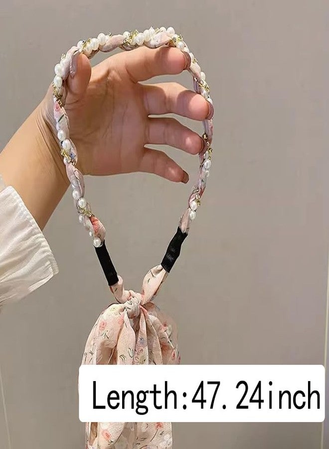 Sisadodo Long Ribbon Headband for Women Bow Hair Bands with Pearl Flowers Hairband Headbands Non-Slip Fashion HairScarf Band Ponytail Hairpin Hairclip Hair Accessories Ornaments for Women Dating Proms - Image 2