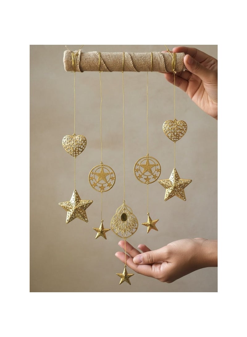 Hand Made Hanging Wall Decor Rustic Jute Rod Tassel Wall Art Macrame Style Metal Stars & Hearts - Image 4