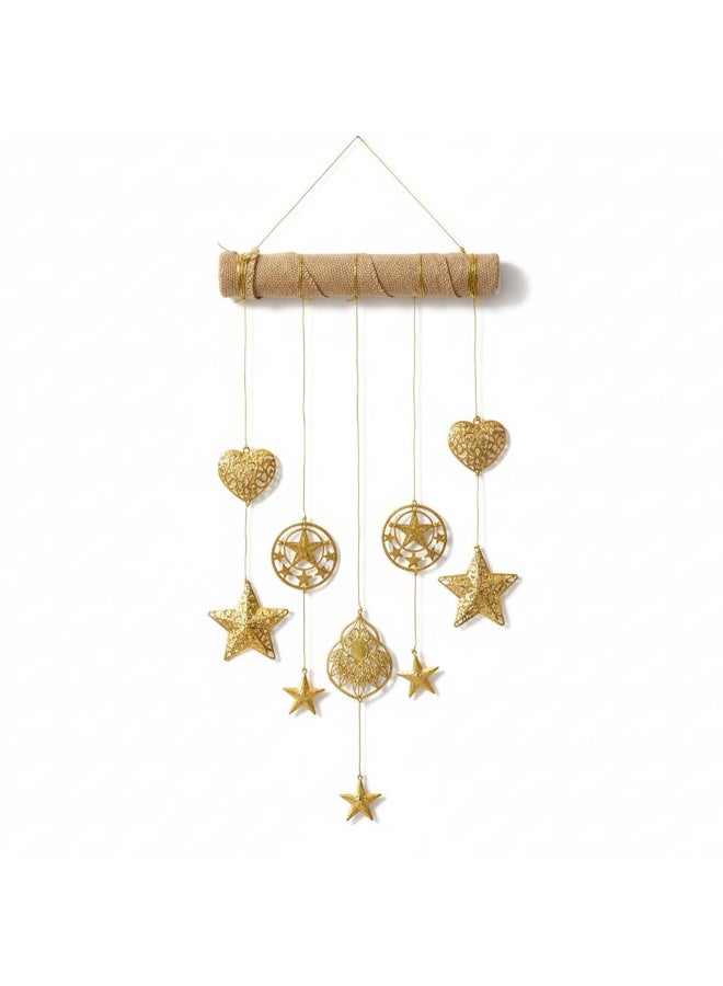 Hand Made Hanging Wall Decor Rustic Jute Rod Tassel Wall Art Macrame Style Metal Stars & Hearts - Image 1