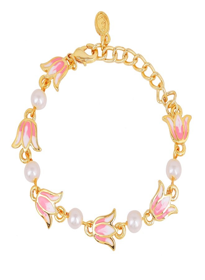 Estele Jewellery Bracelets for Women Gold Plated Lotus Designer White and Pink Enamel Pearl Beaded Link Chain Bracelet Versatile Chic for Women & Girls - Image 1