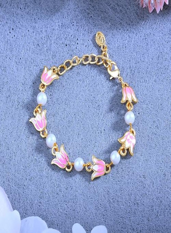Estele Jewellery Bracelets for Women Gold Plated Lotus Designer White and Pink Enamel Pearl Beaded Link Chain Bracelet Versatile Chic for Women & Girls - Image 3
