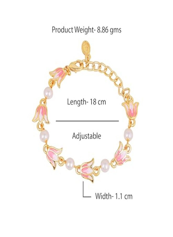 Estele Jewellery Bracelets for Women Gold Plated Lotus Designer White and Pink Enamel Pearl Beaded Link Chain Bracelet Versatile Chic for Women & Girls - Image 5