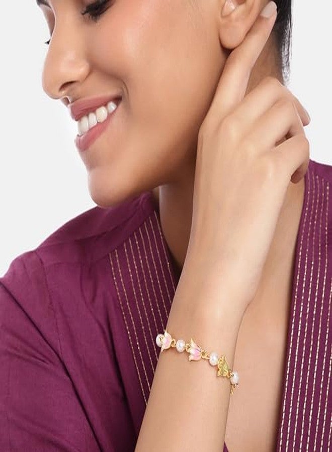 Estele Jewellery Bracelets for Women Gold Plated Lotus Designer White and Pink Enamel Pearl Beaded Link Chain Bracelet Versatile Chic for Women & Girls - Image 4