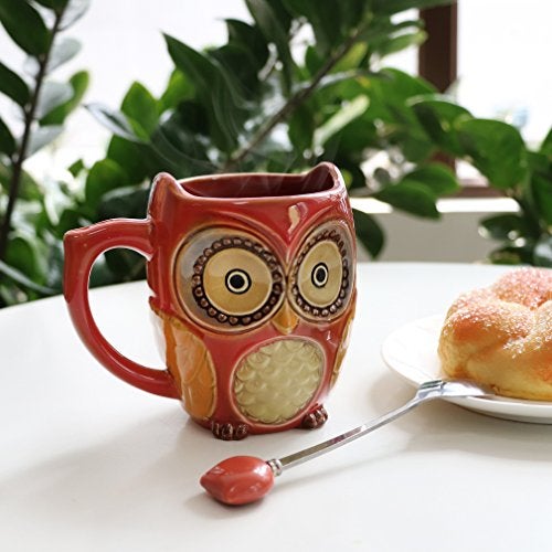 SQOWL 3D Coffee Mug Funny Cute Owl Ceramic Cup Coffee Mug with spoon Tea Mugs Set for Women and girls 12 oz Red - Image 2
