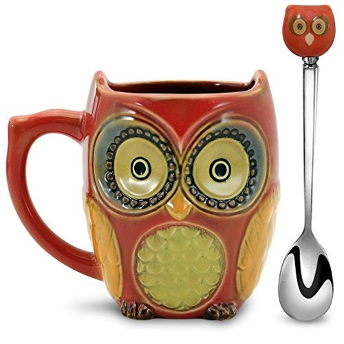 SQOWL 3D Coffee Mug Funny Cute Owl Ceramic Cup Coffee Mug with spoon Tea Mugs Set for Women and girls 12 oz Red - Image 1