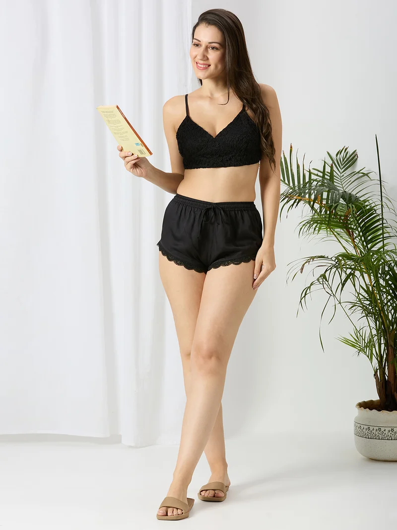 AMMARZO Noir Luxe Modal Satin Co-ord Set with Lace Trim