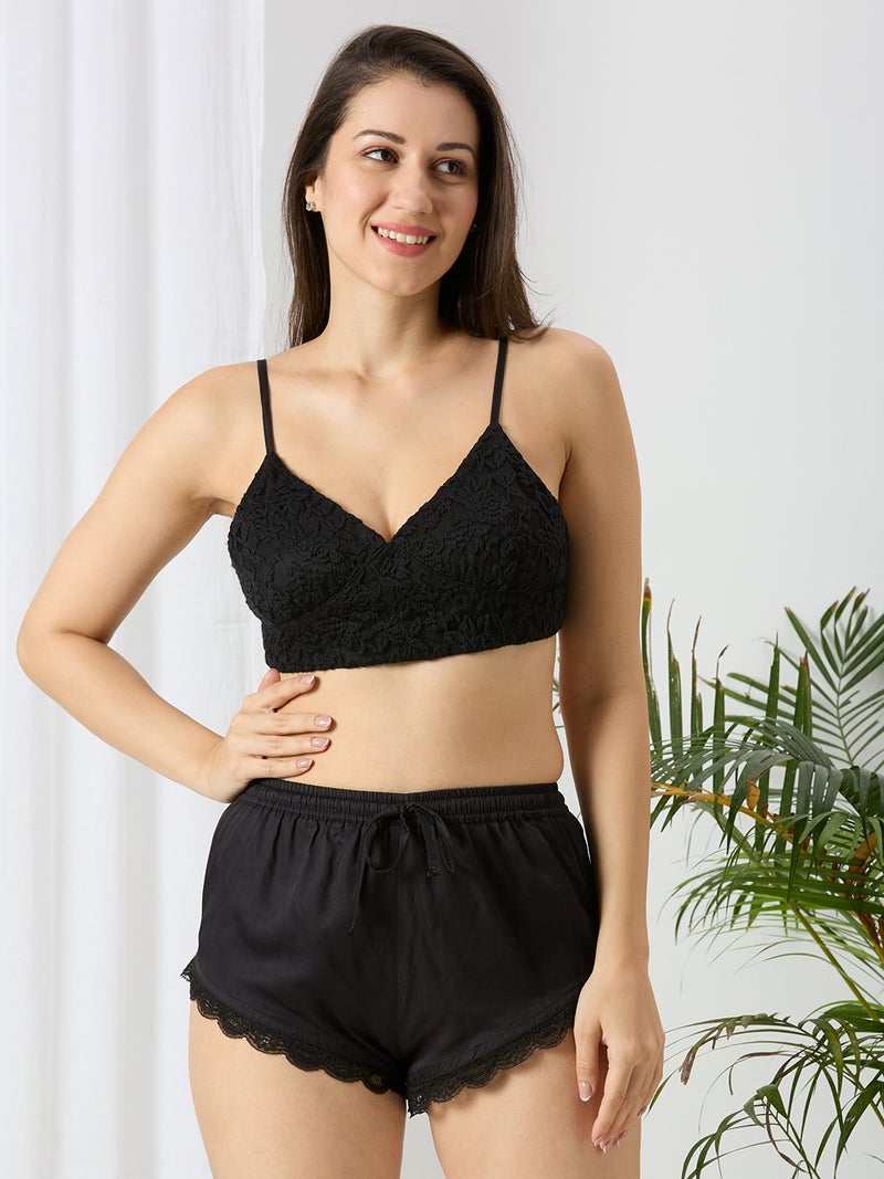 AMMARZO Women’s Black Lace Trim Co-Ord Set | Stylish Nightwear Top & Shorts Sleepwear Set | Soft Satin Night Dress for Ladies | Noir Luxe Modal Satin - Image 1