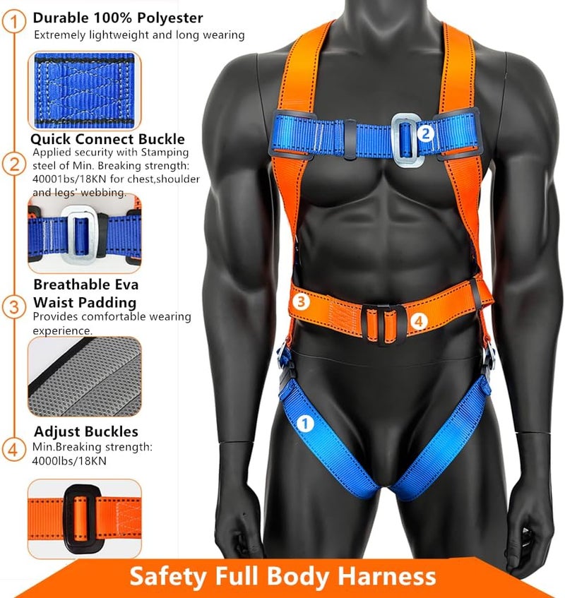 GLOROUSCHU Full Body Safety Harness Tool Fall Protection，OSHA/ANSI Compliant,ASTM F1774certified | INTERNAL Shock Absorbing Lanyard（Orange） - Image 3