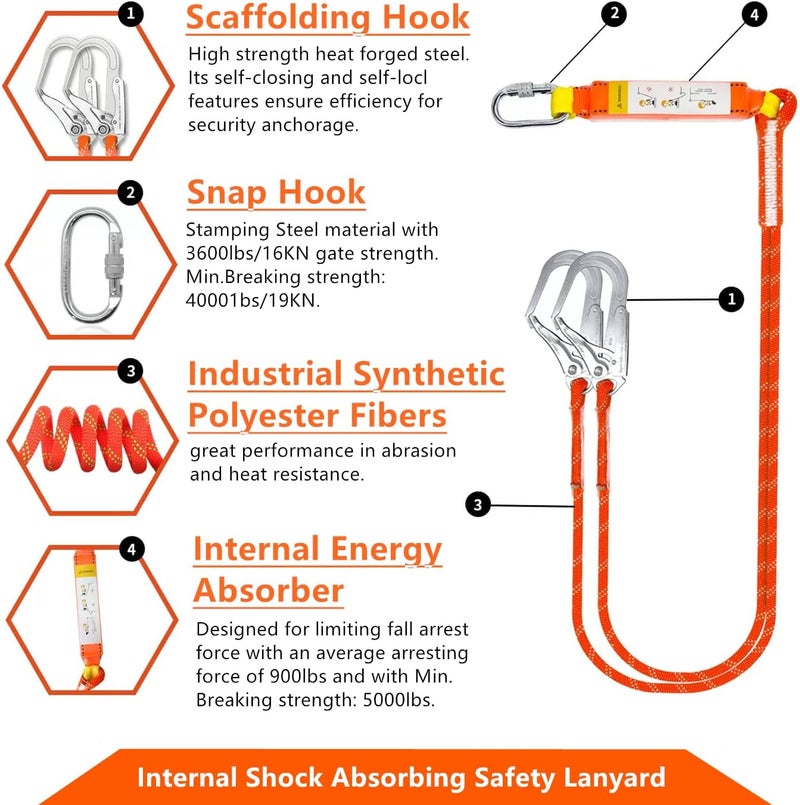 GLOROUSCHU Full Body Safety Harness Tool Fall Protection，OSHA/ANSI Compliant,ASTM F1774certified | INTERNAL Shock Absorbing Lanyard（Orange） - Image 4