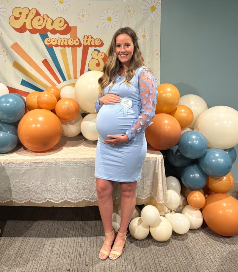 LAHILO Floral Mesh Bishop Long Sleeve Maternity Midi Dress, Fall Maternity Bodycon Dress for Baby Shower Blue - Image 2