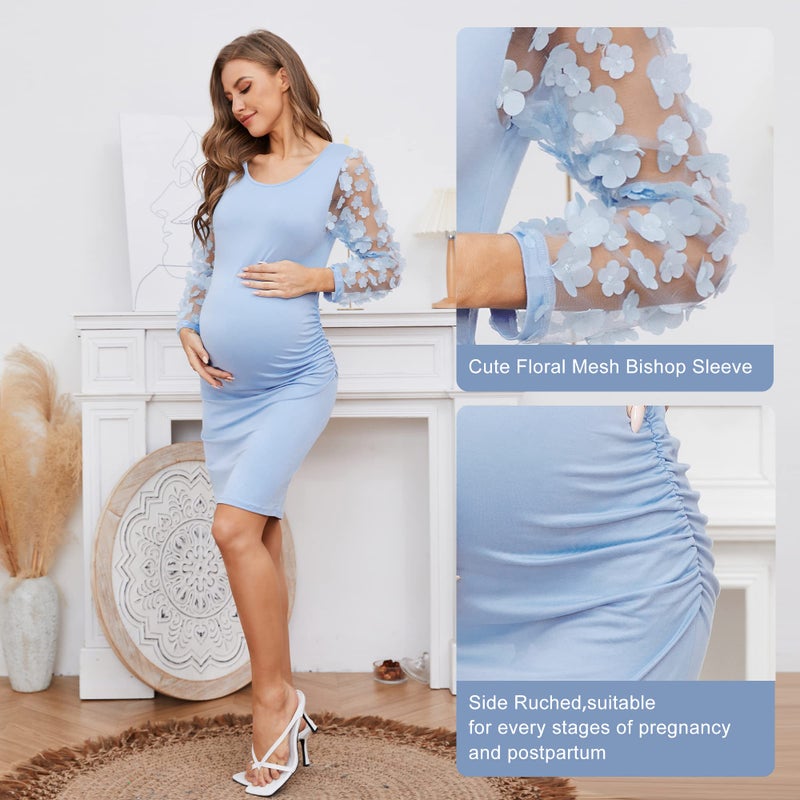LAHILO Floral Mesh Bishop Long Sleeve Maternity Midi Dress, Fall Maternity Bodycon Dress for Baby Shower Blue - Image 5