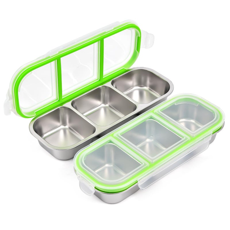 UPTRUST Reusable Snack Containers with Lids, 2pcs Stainless Steel 3-Compartment Snack Box, Divided and Leak-Proof Design for Take-Out Condiments and On-the-Go Snacks - Image 1