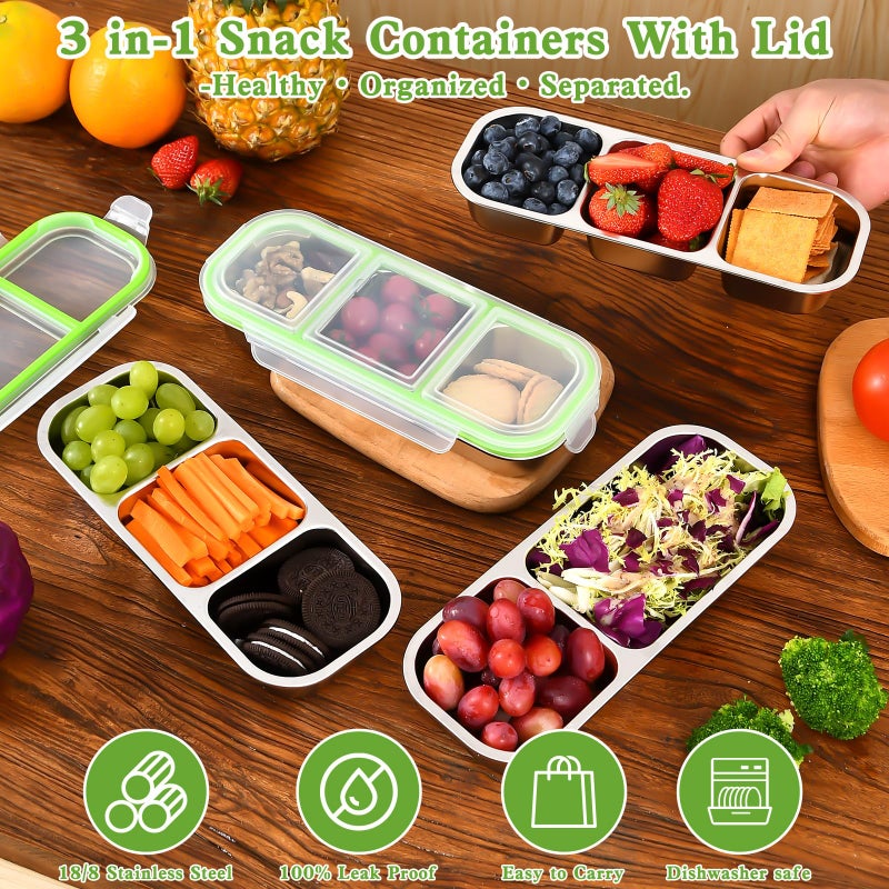 UPTRUST Reusable Snack Containers with Lids, 2pcs Stainless Steel 3-Compartment Snack Box, Divided and Leak-Proof Design for Take-Out Condiments and On-the-Go Snacks - Image 5