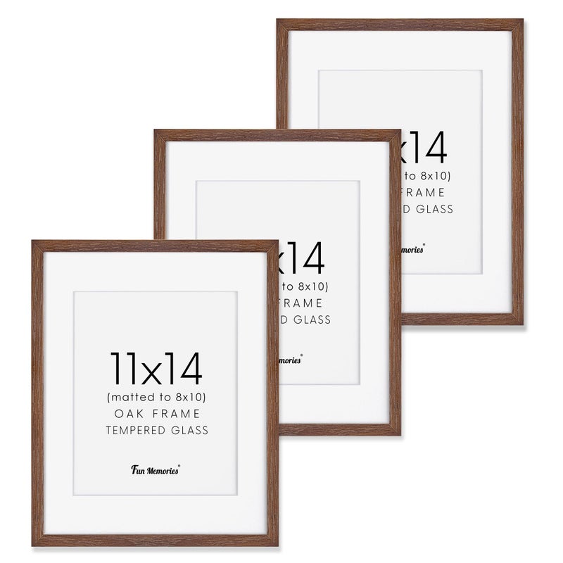 Fun Memories 11x14 Wood Picture Frame, Set of 3, Natural Oak Frame 11 x 14 with Tempered Glass, 8x10 Matted to Wood, Farmhousr Rustic Wooden Poster 11x14, Walnut Color - Image 1