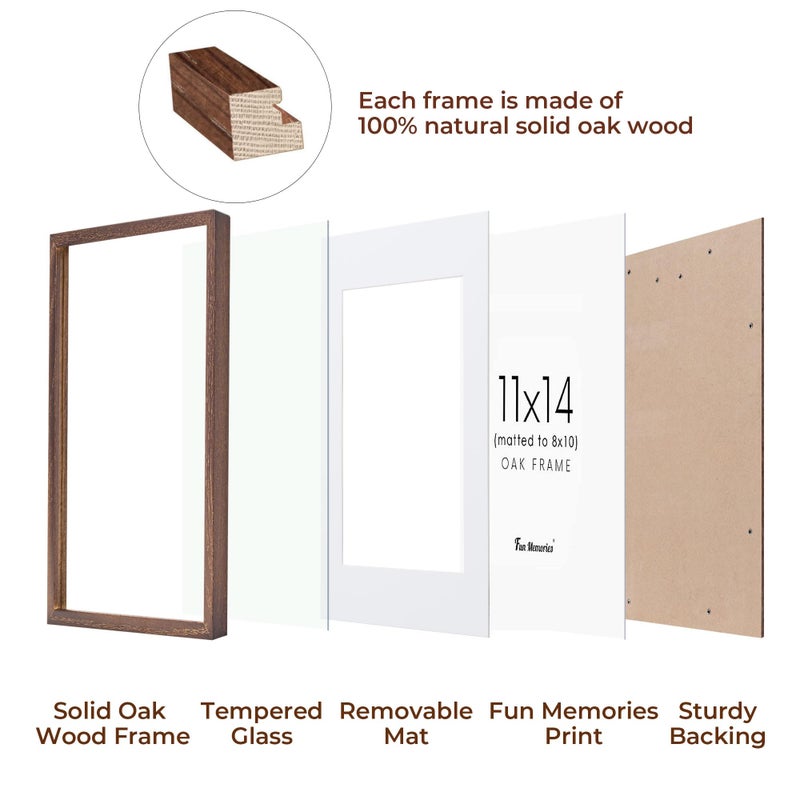 Fun Memories 11x14 Wood Picture Frame, Set of 3, Natural Oak Frame 11 x 14 with Tempered Glass, 8x10 Matted to Wood, Farmhousr Rustic Wooden Poster 11x14, Walnut Color - Image 4