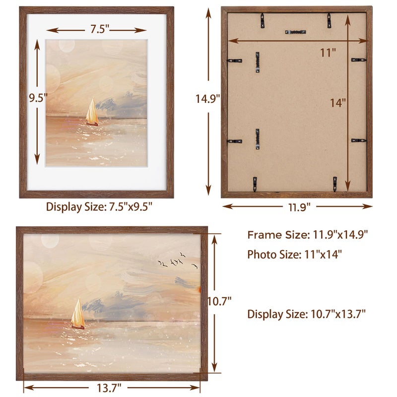Fun Memories 11x14 Wood Picture Frame, Set of 3, Natural Oak Frame 11 x 14 with Tempered Glass, 8x10 Matted to Wood, Farmhousr Rustic Wooden Poster 11x14, Walnut Color - Image 3