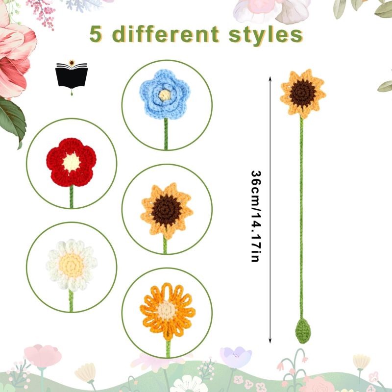 Crochet Sunflower Bookmark: 1 Vibrant Colorful Handmade Cotton Yarn - Soft Washable Durable Floral Marker for Book Lovers Home Office Travel - Image 2