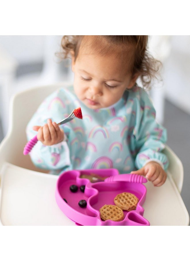 BUMKiNs - Toddler Utensils Kids Size Fork And Spoon Set Silicone And Stainless Steel Training Silverware Angled Forks Sporks For Self Feeding Children Hold Learning To Eat 18 Months Up Fuchsia - Image 1
