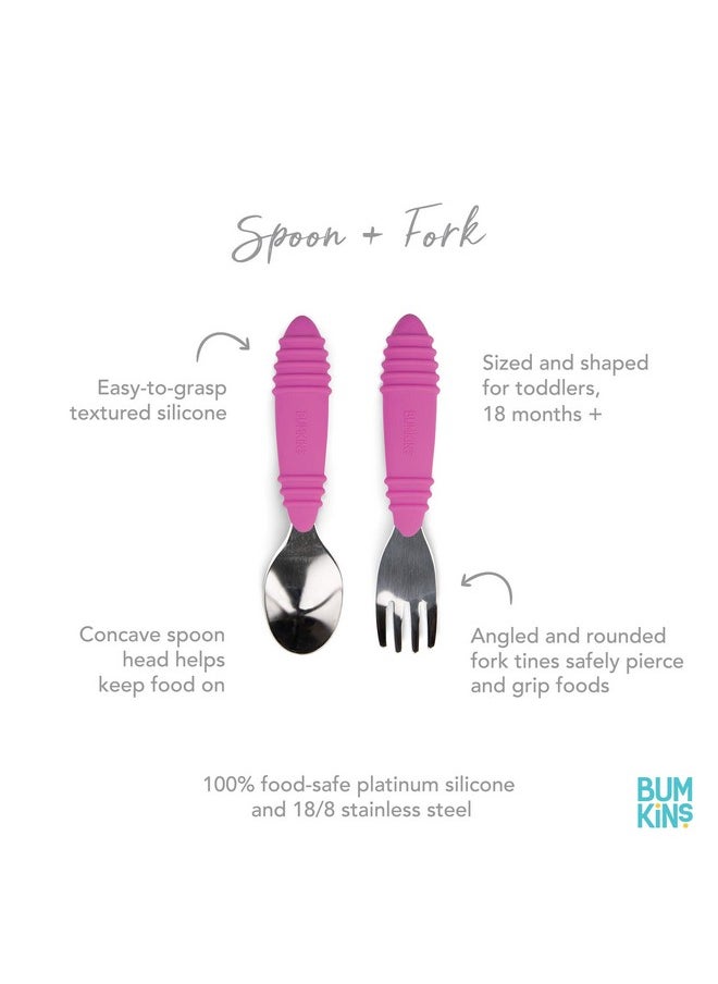 BUMKiNs - Toddler Utensils Kids Size Fork And Spoon Set Silicone And Stainless Steel Training Silverware Angled Forks Sporks For Self Feeding Children Hold Learning To Eat 18 Months Up Fuchsia - Image 1