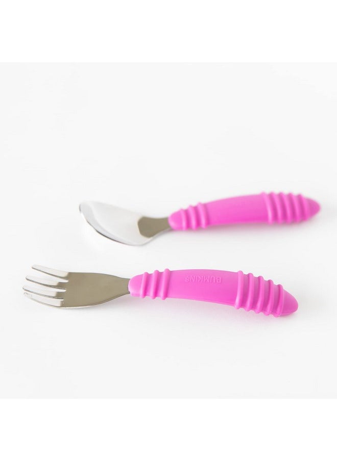 BUMKiNs - Toddler Utensils Kids Size Fork And Spoon Set Silicone And Stainless Steel Training Silverware Angled Forks Sporks For Self Feeding Children Hold Learning To Eat 18 Months Up Fuchsia - Image 1