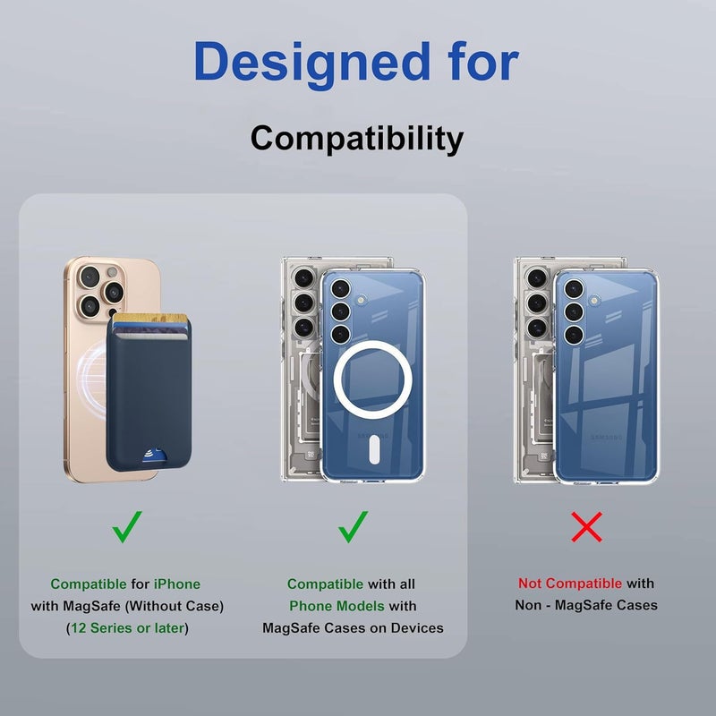 ZAPCASE محفظة ماغسيف، حامل بطاقات، محفظة مغناطيسية لآيفون | متوافقة مع جميع حالات ماغسيف | جلد نباتي | أزرق - Image 2