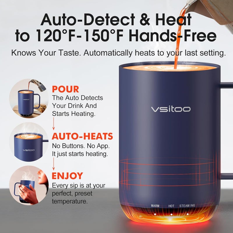 vsitoo S3 Ultra 20oz Self Heating Coffee Mug with Auto-Sensing AI, Large Capacity Rechargeable Smart Mug Warmer 120-150℉, IPX7 Waterproof, Home Office Gift for Women Men - Blue - Image 2