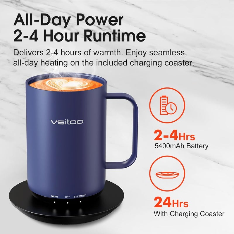 vsitoo S3 Ultra 20oz Self Heating Coffee Mug with Auto-Sensing AI, Large Capacity Rechargeable Smart Mug Warmer 120-150℉, IPX7 Waterproof, Home Office Gift for Women Men - Blue - Image 3