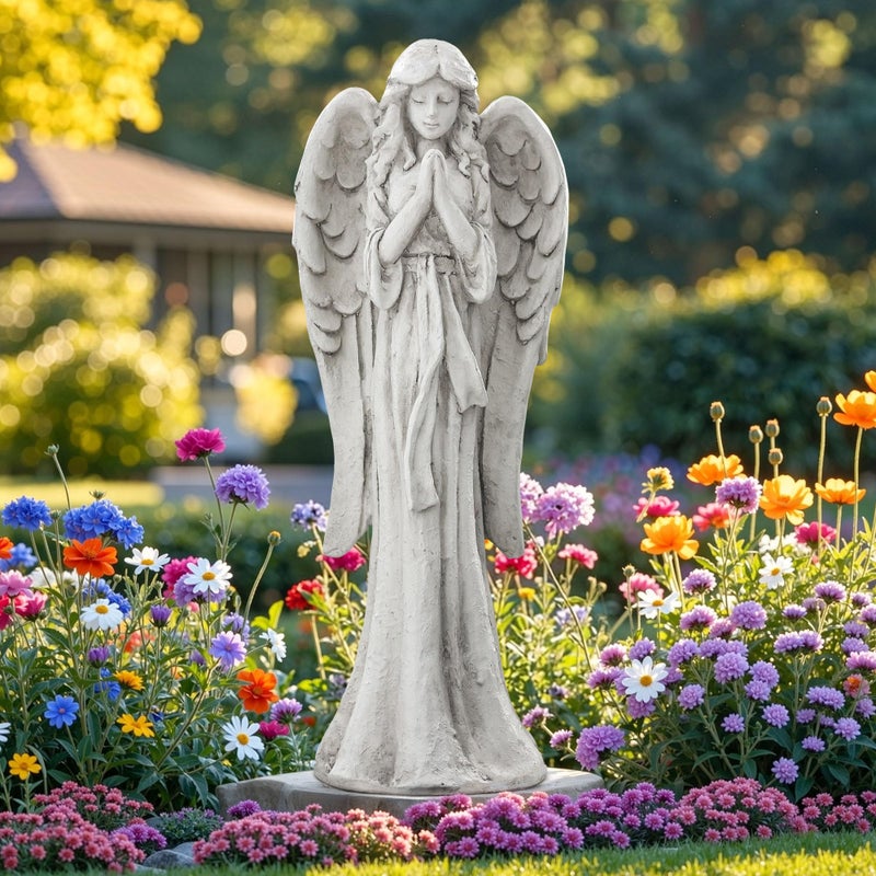 Ultym Praying Angel Statue for Outdoor Garden, 26.4 Inch Large Heavenly Memorial Sculpture,Durable MGO Stone Standing Angels for Yard, Patio or Cemetery Decor,Offering Comfort & Peace, Antique White - Image 1