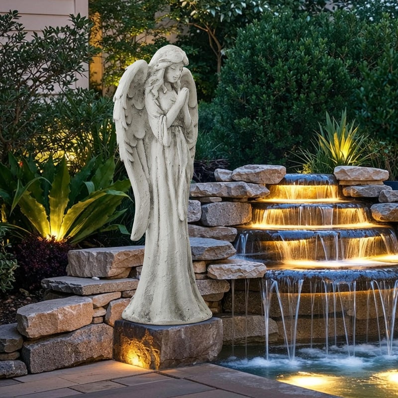 Ultym Praying Angel Statue for Outdoor Garden, 26.4 Inch Large Heavenly Memorial Sculpture,Durable MGO Stone Standing Angels for Yard, Patio or Cemetery Decor,Offering Comfort & Peace, Antique White - Image 2