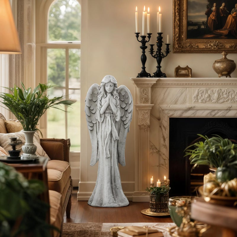 Ultym Praying Angel Statue for Outdoor Garden, 26.4 Inch Large Heavenly Memorial Sculpture,Durable MGO Stone Standing Angels for Yard, Patio or Cemetery Decor,Offering Comfort & Peace, Antique White - Image 3