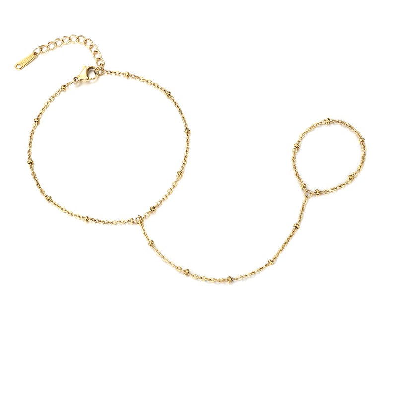 QOBEBOTA Hand Chain 18K Gold Plated Stainless Steel Non Tarnish Link with Finger Ring Bracelet Stacks Women's Bracelets Waterproof Jewelry Dainty Gold Handchain Indian Bracelets for Women - Image 1