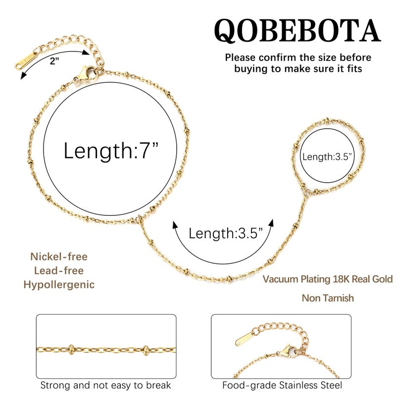 QOBEBOTA Hand Chain 18K Gold Plated Stainless Steel Non Tarnish Link with Finger Ring Bracelet Stacks Women's Bracelets Waterproof Jewelry Dainty Gold Handchain Indian Bracelets for Women - Image 5