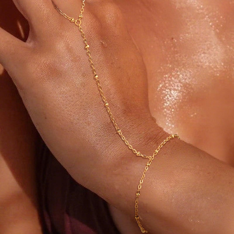 QOBEBOTA Hand Chain 18K Gold Plated Stainless Steel Non Tarnish Link with Finger Ring Bracelet Stacks Women's Bracelets Waterproof Jewelry Dainty Gold Handchain Indian Bracelets for Women - Image 2
