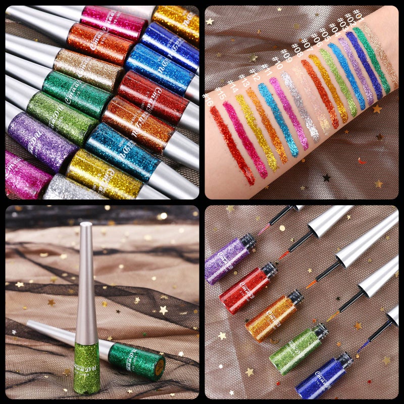 CHARMCODE 16 Colors Glitter Metallic Liquid Eyeliner Set Waterproof Long Lasting Eye Liner pencil Pigmented Shimmer Eye Makeup Gift Kit for Women Green Purple Blue Pink white Silver Gold Colored Eyeliners - Image 3