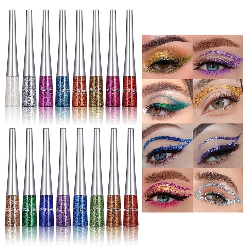 CHARMCODE 16 Colors Glitter Metallic Liquid Eyeliner Set Waterproof Long Lasting Eye Liner pencil Pigmented Shimmer Eye Makeup Gift Kit for Women Green Purple Blue Pink white Silver Gold Colored Eyeliners - Image 1