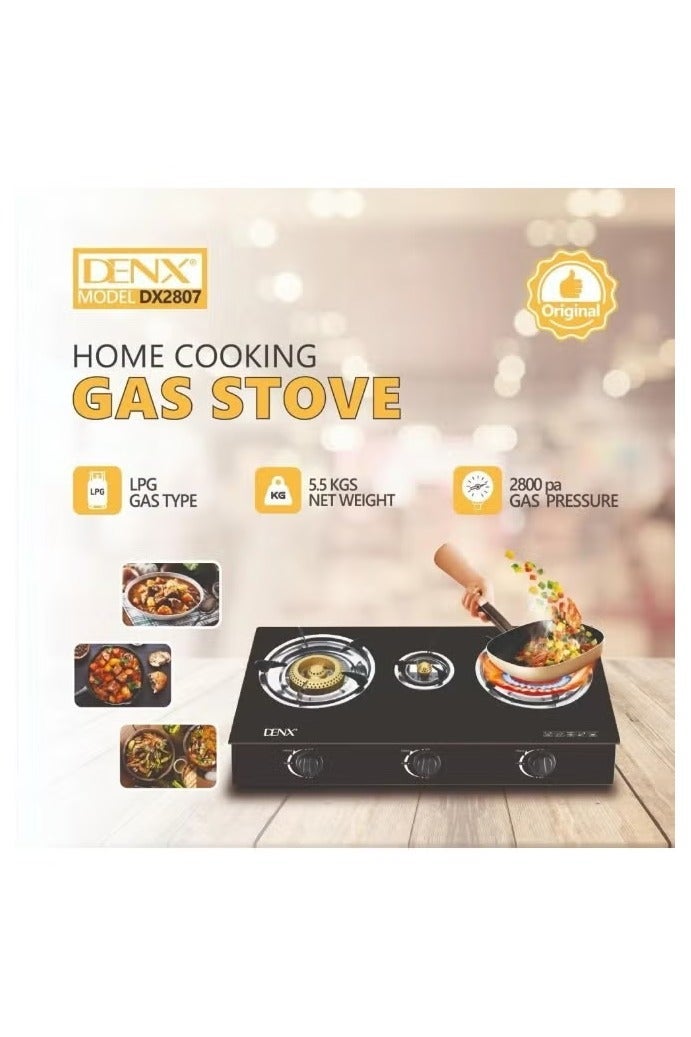 Denx 3 Burner Gas Stove with Auto Ignition – Portable Tabletop Glass Top Gas Cooktop with Cast Iron Burners & Sturdy Pot Holders - Image 4