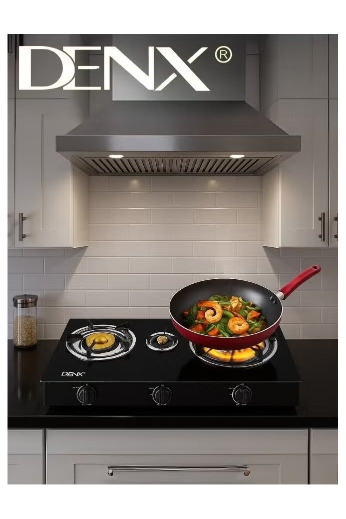 Denx 3 Burner Gas Stove with Auto Ignition – Portable Tabletop Glass Top Gas Cooktop with Cast Iron Burners & Sturdy Pot Holders - Image 1