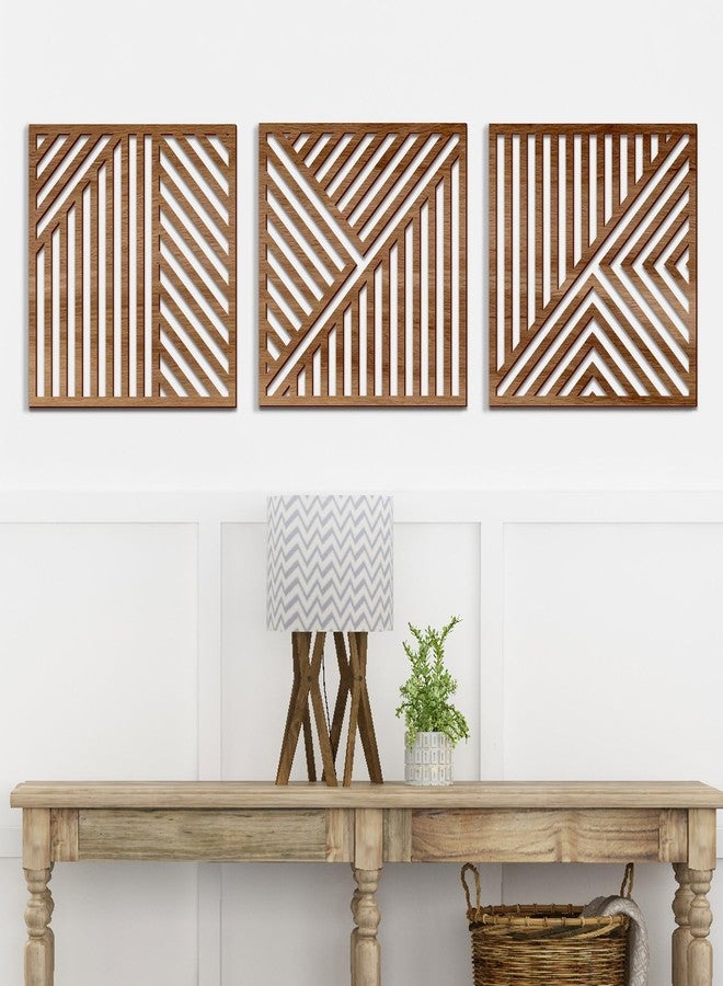 Bnesi 3 Piece Abstract Geometric Wood Wall Art Decor Modern Boho Minimalist Slatted Design Wall Sculpture Art Decor for Living Room Bedroom Home Bathroom (Classic, Medium) - Image 1