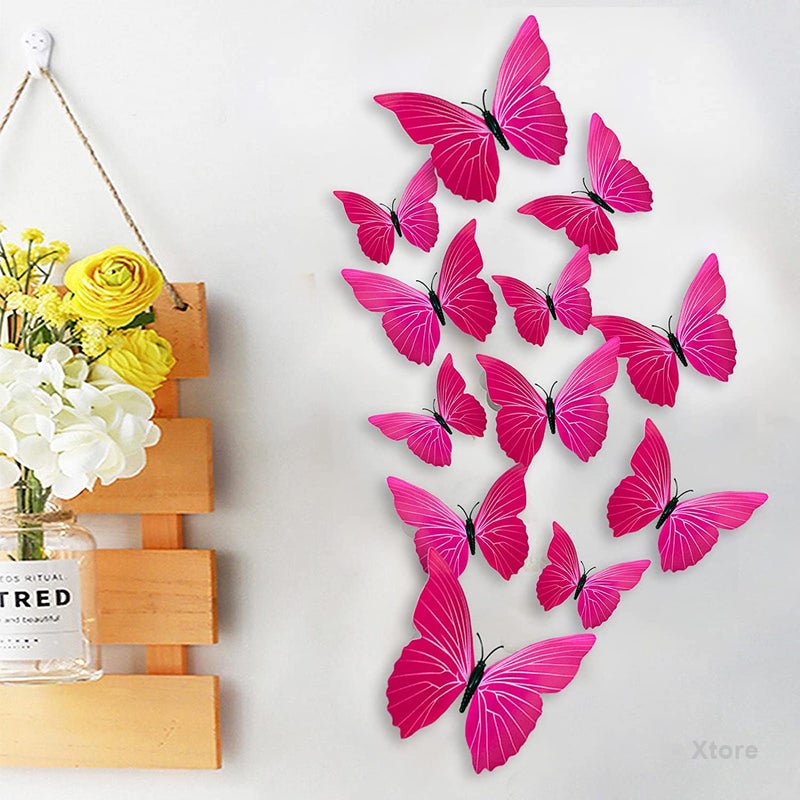 XTORE 12 قطعة ديكور منزلي ثلاثي الأبعاد فراشة وردية | عنصر ديكور جميل | يأتي مع لاصق - (مجموعة من 12، وردي فاتح) - Image 3