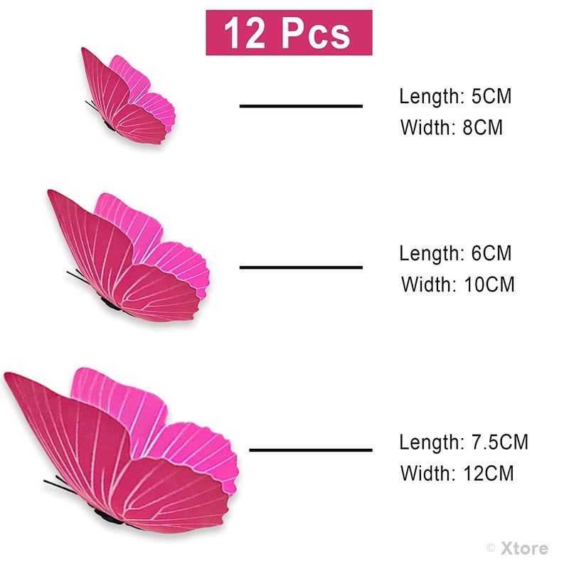 XTORE 12 قطعة ديكور منزلي ثلاثي الأبعاد فراشة وردية | عنصر ديكور جميل | يأتي مع لاصق - (مجموعة من 12، وردي فاتح) - Image 4