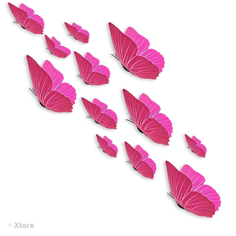 XTORE 12 قطعة ديكور منزلي ثلاثي الأبعاد فراشة وردية | عنصر ديكور جميل | يأتي مع لاصق - (مجموعة من 12، وردي فاتح) - Image 2