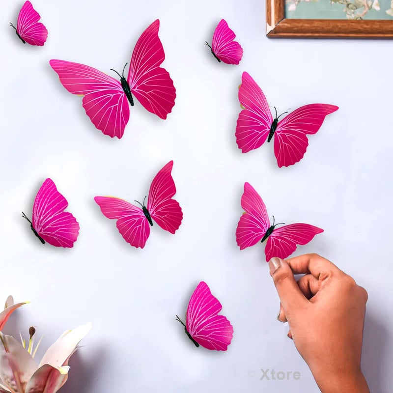 XTORE 12 قطعة ديكور منزلي ثلاثي الأبعاد فراشة وردية | عنصر ديكور جميل | يأتي مع لاصق - (مجموعة من 12، وردي فاتح) - Image 5