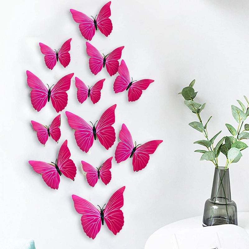 XTORE 12 قطعة ديكور منزلي ثلاثي الأبعاد فراشة وردية | عنصر ديكور جميل | يأتي مع لاصق - (مجموعة من 12، وردي فاتح) - Image 1